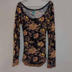 Free People Floral Long Sleeve Top - Black and Yellow